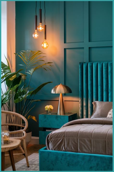 Modern bedroom with teal walls and decor, featuring a velvet headboard, hanging lights, and houseplants. Curtains For Teal Walls, Peacock Teal Bedroom, Teal Bedroom Accent Wall, Teal Room Aesthetic, Teal Room Ideas, Teal Color Palette Bedroom, Teal And Copper Bedroom, Teal Interior Design, Turquoise Bedroom Walls