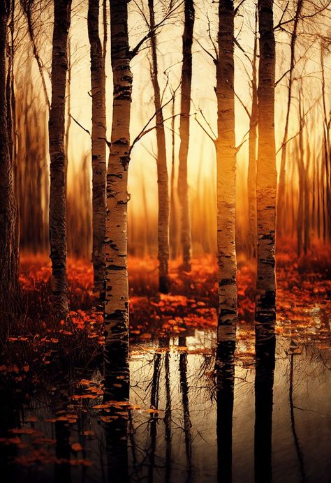 Nature photography, Autumn Birch Trees in a beautiful swamp, dappled sunlight, by Joseph Filer and Jess Lee, cinematic lighting Nature, Dappled Sunlight, White Birch Trees, Photography Autumn, Cinematic Lighting, Sketch A Day, Tree Photography, Autumn Scenery, Birch Trees