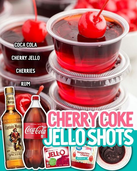 Cherry Coke Jello Shots Cherry Coke Jello Shots, Cherry Coke Jello, Coke Jello, Cherry Jello Shots, Rum Jello Shots, Pudding Shot Recipes, Best Jello Shots, Coca Cola Cherry, Alcoholic Desserts