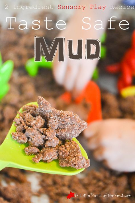 Sensory Play: Taste Safe Mud Recipe -only 2 ingredients, fun to build with, toddler friendly, can go with lots of themes (bugs, dinosaurs, construction, garden, spring...) Taste Safe Mud, Mud Recipe, Mud Play, Spring Sensory, Sensory Play Recipes, Toddler Sensory, Spring Preschool, Garden Spring, Toddler Snacks