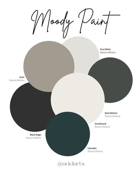 Colour Scheme With Black, Moody Color Palette Sherwin Williams, Black Paint Scheme, Color Scheme With Black And White, Black Interior Paint Ideas, Black Paint Palette, Modern Industrial Paint Colors, Moody Modern Color Palette, Paint Colors That Go With Black