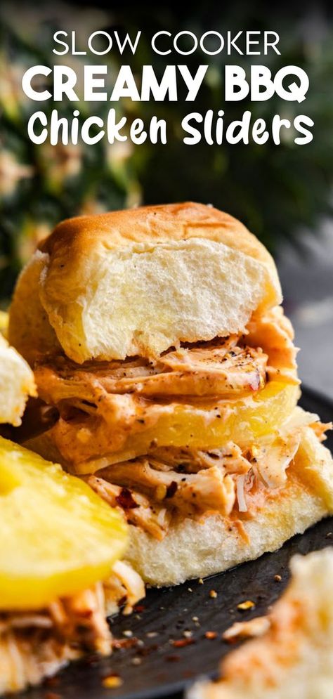 These chicken sliders are made in the slow cooker with a simple homemade BBQ sauce and the secret ingredient—pineapple! Cream cheese is melted in and then you put it all on a bun for the tastiest little sandwich. Creamy Bbq Chicken, Pineapple Cream Cheese, Sliders Recipes, Sliders Recipes Chicken, Bbq Chicken Sliders, On A Bun, Bbq Chicken Sandwich, Slow Cooker Bbq Chicken, Pizza Lunch