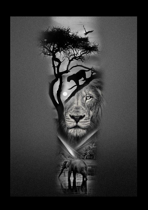 Safari Themed Tattoo Sleeve, African Jungle Tattoo, Realism Back Tattoo Women, Safari Theme Tattoo, Safari Leg Sleeve Tattoo, Lion And Elephant Tattoo, Animal Theme Tattoo, African Animal Tattoo, Safari Tattoo Design