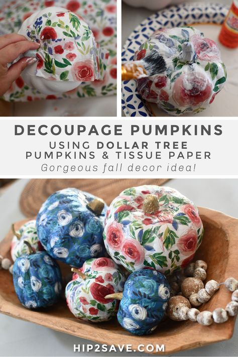 I'm not sure about you, but nothing cheers me up quite like an easy dollar store DIY project, so I'm sharing the cute and easy idea of decorating craft pumpkins using pretty tissue paper and Mod Podge decoupage paste! #diy #falldiy #homedecor #homedecordiy #decoupagepumpkin #decoupage #modpodge #crafts #decorcrafts #pumpkindecor #falldecor Midge Podge Pumpkins, Toilet Paper Pumpkins Diy, Easy Thanksgiving Crafts For Seniors, Modge Podge Pumpkins, Modge Podge Tissue Paper, Halloween Decoupage, Pumpkin Spray Paint, Tissue Paper Decoupage, Spray Paint Crafts