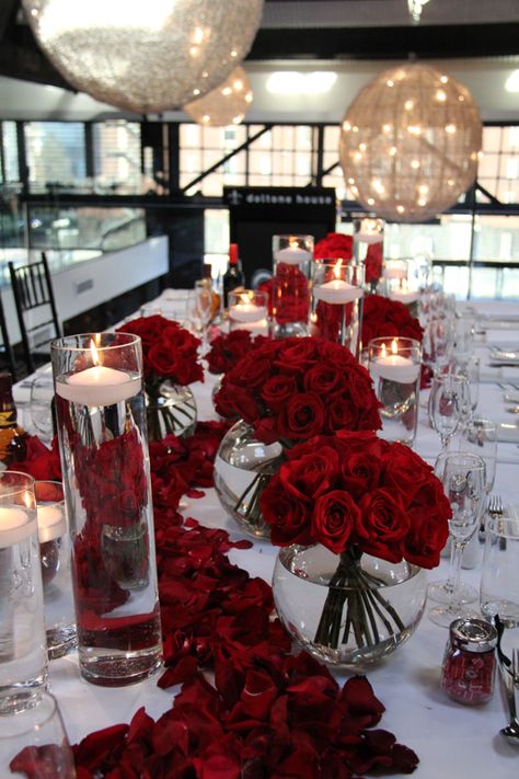 Modern Romance at Doltone House Loft - red roses and rose petals Roses Centerpieces, Red Roses Centerpieces, Red Quince, Red Wedding Decorations, Red And White Weddings, Best Wedding Colors, Quince Decorations, Red Wedding Theme, Red Rose Wedding