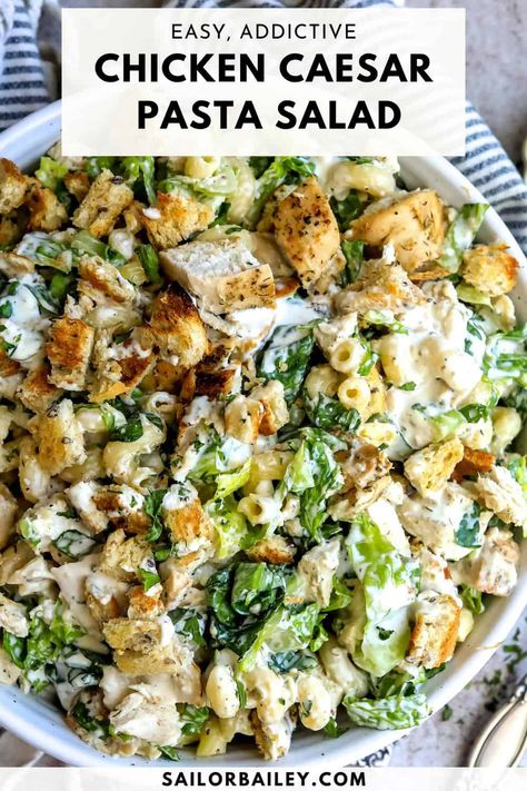 Chicken Caesar Pasta Salad is a summer favorite. Chilled pasta salad filled to the brim with juicy chicken and Caesar salad flavors. via @sailor_bailey Caesar Salad Meal Ideas, Pasta Ceasar Salad Chicken, Chicken Caesar Pasta Salad Meal Prep, Healthy Chicken Caesar Pasta Salad, Pasta And Salad Recipes, Salad Noodle Recipes, Chicken Salad Recipe With Pasta, Filling Pasta Salad, Cesar Salad Pasta Recipe