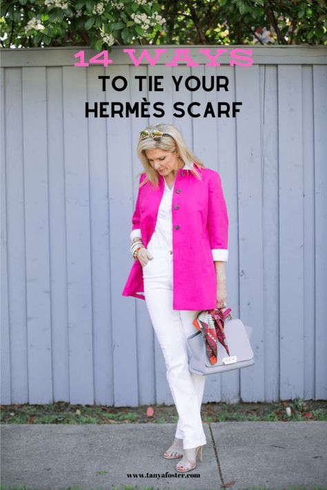 How to tie your Hermes scarf. #hermesscarf #ties Tie Tutorial, Ways To Tie A Scarf, Stylish Outfits Casual, Tie A Scarf, Floral Vests, Scarf Tie, Jeans Boots, Hermes Scarf, Top Fashion Bloggers