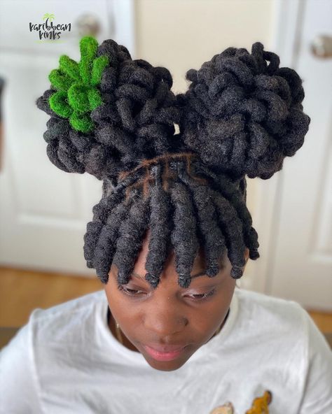 Petal Bun Locs, Loc Petal Bun, Fro Hairstyles, Two Buns, Curly Fro, Locs Styles, Hair Projects, Beautiful Locs, Birthday Hairstyles