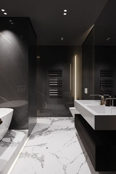 KYDE.O160 on Behance Modern Bathroom Ideas Luxury, Dark Modern Bathroom, Bathroom Modern Luxury, Modern Washroom Design, Dark Modern House, Toilet Design Modern, Dark Bathroom Ideas, Bathroom Ideas Luxury, Bathroom Design Black