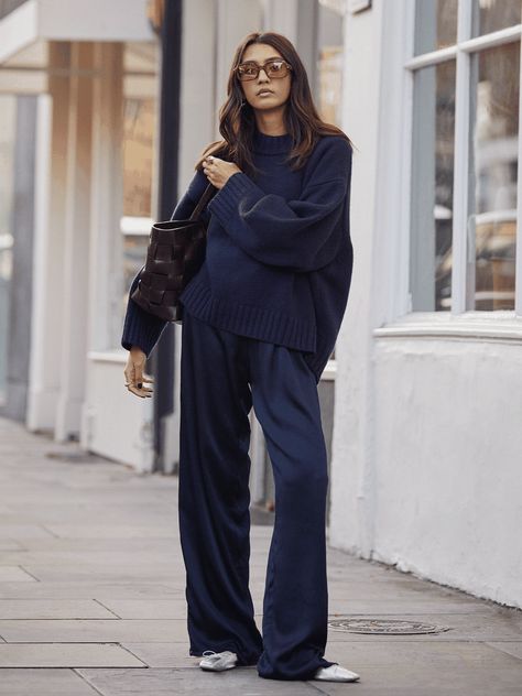 Silky Trousers, Womens Knit Jumpers | SheerLuxe Jumper Trousers Outfit, Winter 25 Outfits, Winter Relaxed Outfits, Navy Work Outfits Women, Sheerluxe Outfits, Monochrome Navy Outfit, Trouser Sweater Outfit, Navy Silk Pants Outfit, Slouchy Trousers Outfit