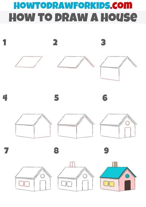 how to draw a house step by step Learning To Draw For Kids, Simple House Drawing, House Drawing For Kids, Toddler Drawing, Into Drawing, Drawing Rocks, Drawing Pictures, Children Sketch, Jesus And Mary Pictures