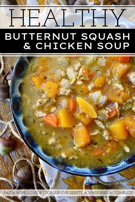 Healthy Butternut Squash & Chicken Soup - This autumn butternut squash and ground chicken one-pot soup recipe will satisfy your entire family with its amazing flavor and vibrant color. Add in the fact that this soup is super-healthy and what's not to like? This is definitely a fall recipe that you'll want to make over and over again. Squash Chicken Soup, Butternut Squash Chicken, Soup Swap, Winter Squash Soup, Healthy Butternut Squash, Healthy Ground Turkey, Butternut Soup, Chicken And Butternut Squash, Lemon Pepper Seasoning