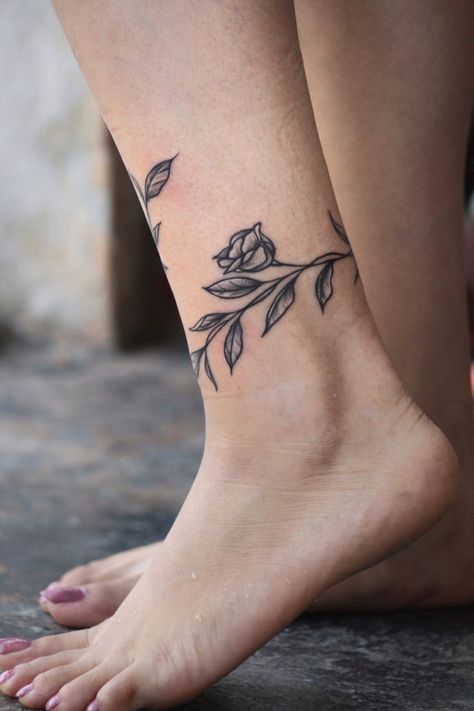 Tattoo ankle aesthetic leg tattoo Leaf Ankle Tattoo Wrap, Rose Ankle Tattoo Wrap Around, Tattoo Wrapped Around Ankle, Ankle Wrap Tattoo, Ankle Tattoo Cover Up, Rose Tattoo On Ankle, Tattoo Therapy, Thorn Tattoo, Ankle Tat