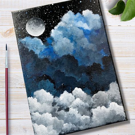 Cool Paintings With Black Background, Paintings On A Black Background, Cute Paintings With Black Background Easy, Black Paint Canvas Ideas, Acrylic Black Background Painting, Cute Black Canvas Paintings, Canvas Drawing With Black Background, Black Background Paintings Easy, Clouds On Black Background