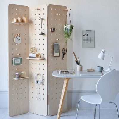 pegboard ideas: Pegboard Room Divider Folding Screen, Kreis Design ($555) Pegboard Room, Wooden Pegboard, Pegboard Organization, Room Divider Screen, Divider Screen, Large Shelves, Folding Screen, Style Loft, Small Shelves