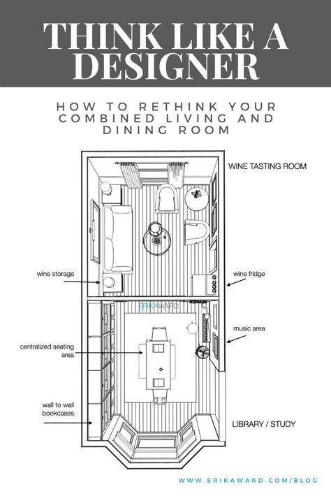 HOW TO RETHINK YOUR COMBINED LIVING AND DINING ROOM - Erika Ward Interiors Atlanta: Interior Design, Interior Decorating, Design Advice Living Room With Study Area Designs, Dining Room With Reading Area, Parlor Dining Room Combo, Converting Living Room To Dining Room, Dining Room Music Room Combo, Dining Room Connected To Living Room, Dining Sitting Room Combo, How To Separate Living And Dining Room, Living And Dining Room Combo Layout