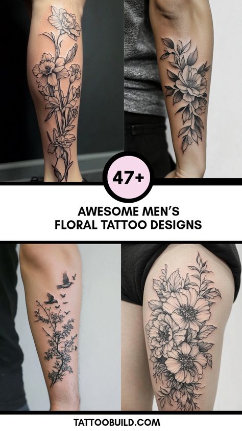 Explore 47 men's floral tattoo designs showcasing creativity and strength through stunning florals. This pin uses 4 images to present diverse ideas for tattoo enthusiasts looking for style inspiration. Mens Flower Tattoo Forearm, Floral Leaves Tattoo, Lily Tattoo For Men, Leaves Tattoo Men, Floral Tattoo Design Men, Vine Tattoo Men, Mens Flower Tattoo, Flower Tattoos Men, December Flower Tattoo