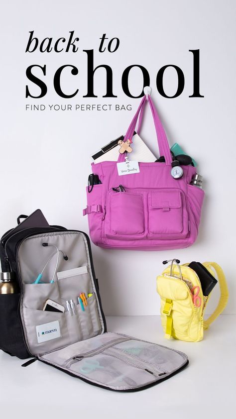 Black, pink and yellow bags and backpacks featuring many pockets for medical students to go back to school. Nursing Bag, Utility Backpack, Nurse Gear, Nurse Accessories, Medical Accessories, Nursing Supplies, Uniform Advantage, Stethoscopes, Go Back To School