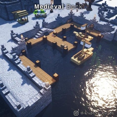 Minecraft Medieval Boat Dock, Ship Dock Minecraft, Mc Dock Ideas, Minecraft Medieval Blueprints, Minecraft Marina Ideas, Minecraft Boat Dock Design, Minecraft Medieval Dock Ideas, Dock Design Minecraft, Minecraft Medieval City Ideas