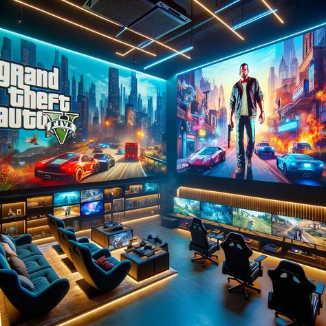 GTA5 playing Gaming Theater Room, Huge Gaming Room, Modern Gaming Desk, Party Coloring Pages, Gnome Coloring Pages, Luxury Game Room, Robot Coloring, Games Room Inspiration, Gaming Lounge