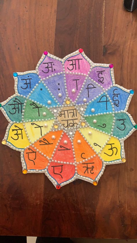 Multicoloured matra chakra done for a school project Hindi Project Ideas For Class 2, Hindi Project For Exhibition, Hindi Matra Chart Project, Marathi Charts For Classroom, Hindi Chart Ideas, Hindi Exhibition Ideas For School, Hindi Varnamala Chart Ideas, Hindi Exhibition Ideas, Hindi Decoration