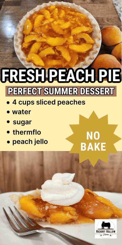 Fresh peach pie, no bake recipe. Yummy summer dessert. Fresh peaches in an easy homemade glaze piled high in a buttery pie crust. Slices up perfectly and a has a delicious fresh peach flavor! No Bake Fresh Peach Pie Recipes, Peach Pie Recipes Easy, Pie No Bake, Homemade Glaze, Peach Pie Recipe, Peach Jello, Glazed Peaches, Fresh Peach Pie, Peach Pie Recipes