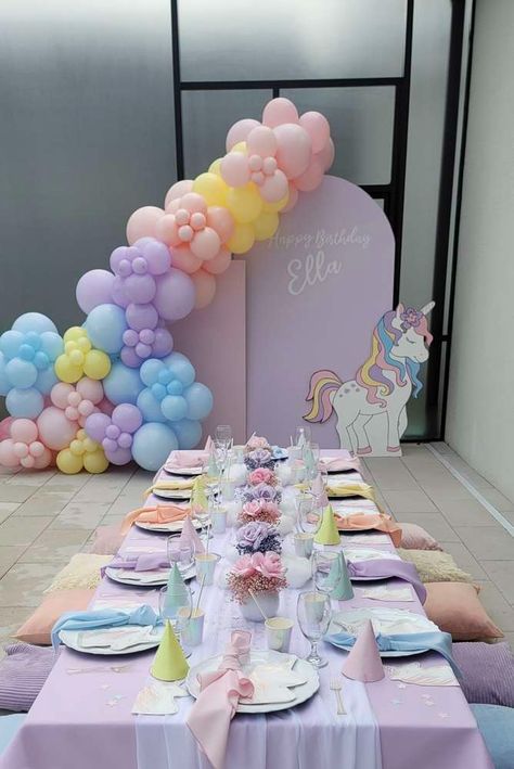 First Bday Unicorn Theme, Unicorn Themes For Birthday, 1st Birthday Party Unicorn Theme, Unicorn 1st Birthday Party Decorations, Unicorn Birthday Setup, Unicorn Theme First Birthday, Pastel Rainbow And Unicorn Party, Unicorn Bday Decorations, Pastel Colors Decoration Party