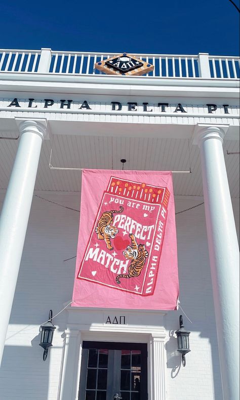 The Perfect Match Bid Day, Perfect Match Bid Day Theme, Alpha Delta Pi Bid Day, Perfect Match Big Little Reveal, Sorority Banner Ideas Work Week, Sorority Banner Ideas Design, Perfect Match Bid Day, Big Little Banner, Sorority Recruitment Banners