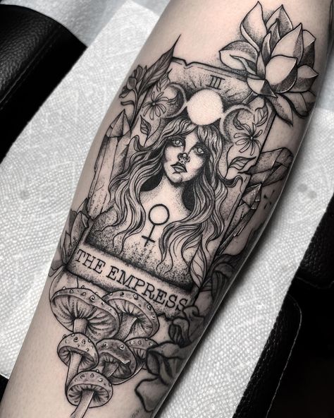 Tattoo mushrooms tarot card lgbtq feminine minimalist leg sleeve fairies witch Tarot Empress Tattoo, The Empress Tarot Card Tattoo, Sara J Maas Tattoos, The Empress Tattoo, Witchy Tattoo Sleeve, High Priestess Tarot Tattoo, Empress Tarot Card Tattoo, Funny Best Friend Tattoos, The Empress Tarot Tattoo