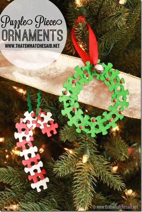 Adorable reuse of old puzzles with these DIY Puzzle Piece Christmas Ornaments! #Rudolph #ShineBright Puzzle Piece Ornaments, Puzzle Piece Crafts, Recycled Christmas Decorations, Puzzle Crafts, Christmas Ornaments Homemade, Puzzle Piece, Christmas Ornament Crafts, Upcycled Crafts, Noel Christmas