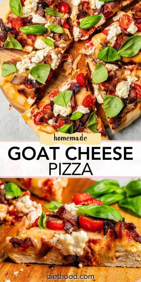 This goat cheese pizza is the best! With smoky bacon, crumbled goat cheese, and juicy tomatoes layered over a crispy homemade pizza crust. #homemadepizza #tomatopizza #homemadepizzadough Easy Homemade Pizza Recipe, Homemade Pizza Crust Easy, Goat Cheese Pizza Recipes, Diethood Recipes, Margherita Recipe, Easy Dinners For Kids, Homemade Pizza Recipe Easy, Crumbled Goat Cheese, Homemade Pizza Recipe