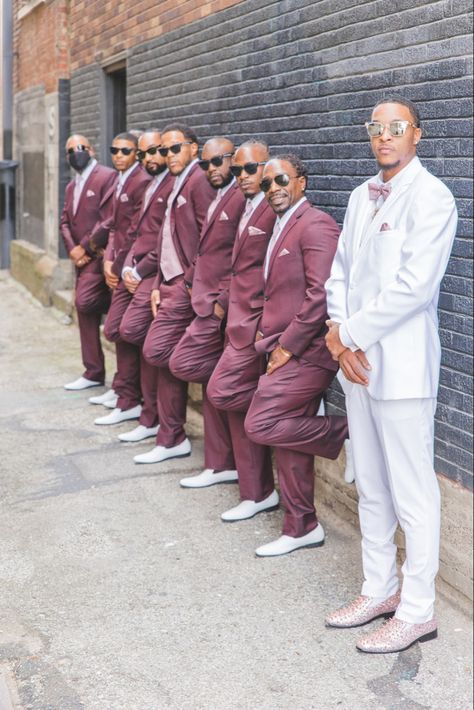 #rosegoldwedding #burgundywedding #ivorywedding #fallwedding #grooms #dustyrosewedding #blackweddingshoes #rosegoldspikeshoes #rosegoldshoes #blackmenwithstyle #blackmensfashion Rose Gold Groomsmen Attire, Gold Groomsmen Attire, Rose Gold Groomsmen, Groomsmen Burgundy, Bridesmaids Robes Pictures, Bridesmaids Pictures, Pink Groomsmen, Groomsmen Black, Black Wedding Shoes