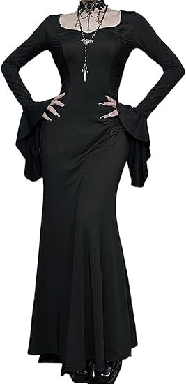 Amazon.com: TSMNZMU Gothic Maxi Dresses for Women Dark Style Slim Long Dresses Long Flare Sleeve V-Neck Vintage Evening Dress : Clothing, Shoes & Jewelry Gothic Maxi Dress, Morticia Addams Quotes, Addams Quotes, Vintage Evening Dress, Vampire Dress, Alternative Dress, Chinese Style Dress, Skull Dress, Maxi Dresses For Women