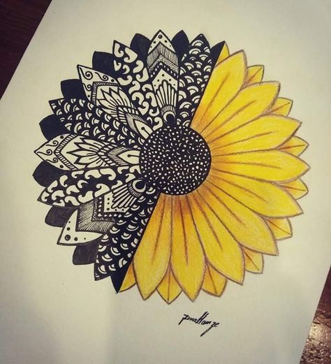 Tiger Mandala Art, Sunflower Mandala Drawing, Sunflower Mandala, Easy Mandala Drawing, Boho Art Drawings, Mandala Art Therapy, Pen Art Drawings, Simple Mandala, Doodle Art Drawing