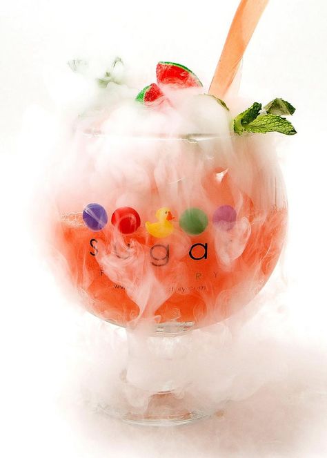 Sugar Factory Drinks, Watermelon Puree, The Sugar Factory, Watermelon Syrup, New Year's Drinks, Watermelon Patch, Watermelon Drink, Candy Cocktails, Pink Cafe