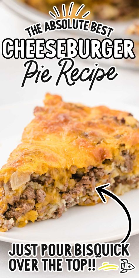 Seasoned ground beef and gooey cheese are topped with a Bisquick crust to create this delicious cheeseburger pie recipe. Cheeseburger Pie Bisquick, Bisquick Recipes Dinner, Dinner Noodles, Dinner Sandwich, Homemade Cheeseburgers, Hamburger Dishes, Beef Pot Pies, Cheeseburger Pie, Recipes With Ground Beef