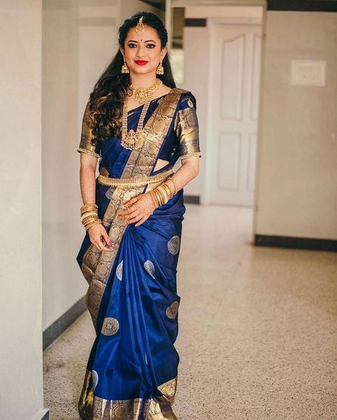 Blue Bridal Saree, Wedding Saree Blue, Blue Wedding Saree, South Indian Wedding Saree, Blue Silk Saree, Blouse Designs High Neck, Bridal Sarees South Indian, Indian Bridal Sarees, Modern Saree