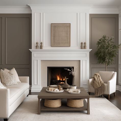 Box Molding Fireplace, White Fireplace White Walls, Fireplace And Panelling, Feature Wall With Tv And Fireplace, Wainscoting Above Fireplace, Board And Batten Around Fireplace, Modern Fireplace Mantle Ideas, Fireplace Wainscoting Wall, Feature Fireplace Wall