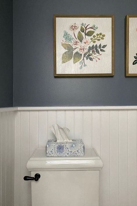 White Wall Paneling Bathroom, Beadboard Powder Room Ideas, Powder Room Beadboard Wallpaper, Wainscoting Ideas For Bathroom, Small Bathrooms With Wainscoting, Small Powder Room With Wainscoting, Powder Room With Wainscoting And Wallpaper, Powder Room With Beadboard Walls, Bathroom With Half Wallpaper