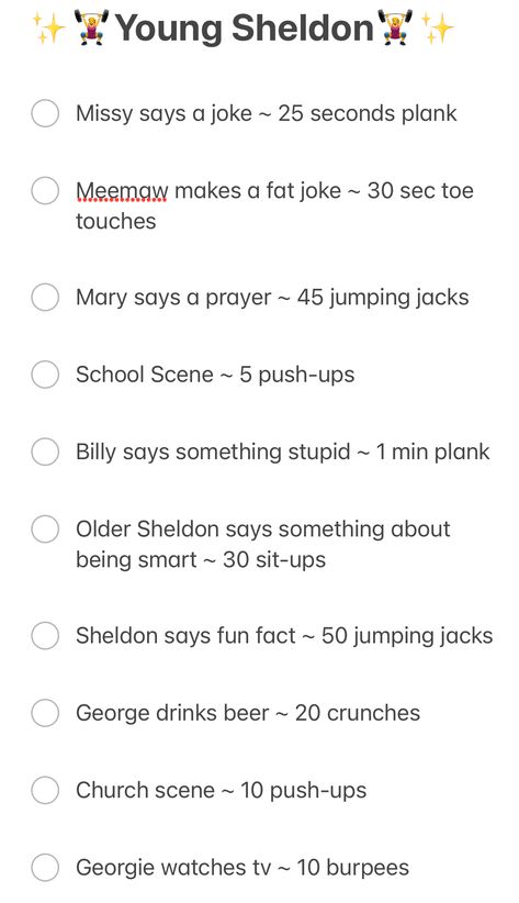 Young Sheldon Workout Kc Undercover Workout, Young Sheldon Workout Challenge, Shameless Workout, Bluey Workout, Young Sheldon Workout, Jessie Workout, Stranger Things Workout, Tv Workout Challenge, Show Workouts