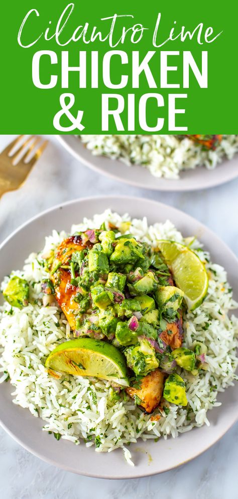 Cilantro Lime Chicken and Rice {Best Marinade} Chili Lime Chicken And Rice Meal Prep, Cilantro Lime Rice Recipe Dinners, Chicken Recipes With Cilantro Lime Rice, Cilantro Rice And Chicken, Healthy Lime Chicken Recipes, Chicken Rice And Avocado, Cilantro Lime Chicken Dinner Ideas, Cilantro Lime Chicken Dinner, Cilantro Lime Chicken Meal