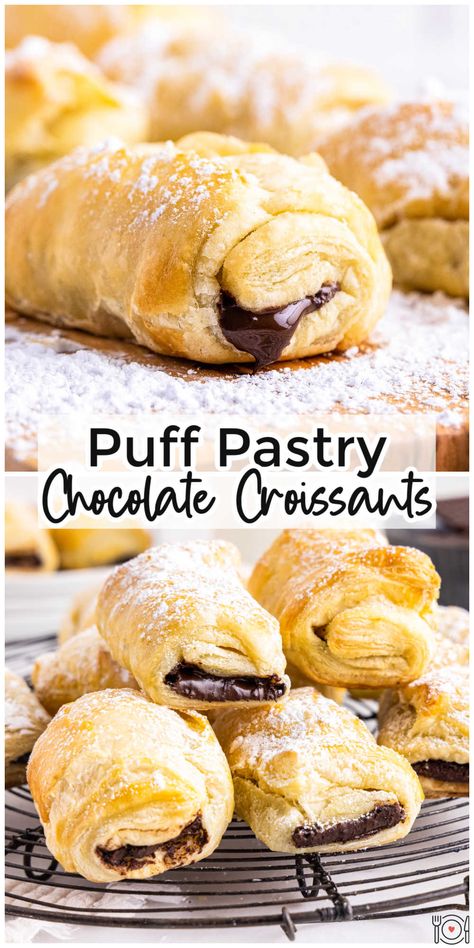 Croissants From Puff Pastry, Chocolate Croissant With Puff Pastry, Pain Au Chocolat, Corsant Recipes, Chocolate Croissant Cookies, Dessert With Pastry Sheets, Chocolate Croissant Recipe Puff Pastry, Pastry Puff Dessert, Chocolate Croissants Recipe