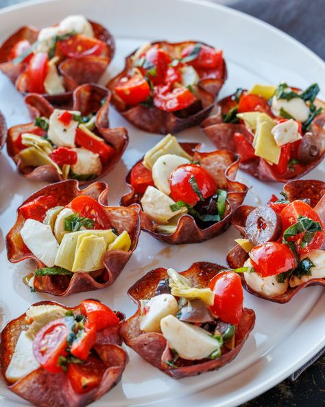 There are so many ways to fill these... - NatashasKitchen.com Salami Antipasto Cups, Crispy Salami Cups, Antipasto Cups Appetizers, Salami Appetizer Party Appetizers, Salami Cups Appetizers, Antipasto Cups, Salami Cups, Baked Salami, Salami Appetizer