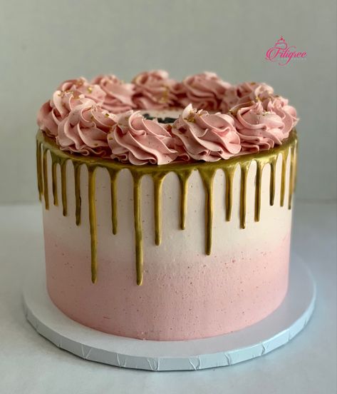 Single tier pink buttercream cake with gold drip and pink buttercream rosettes Drip Cake Pink And Gold, Pink Buttercream Birthday Cake, Buttercream Drip Cake Designs, Drip Cake With Rosettes, Rosette Drip Cake, Sweet 16 Drip Cake, Pink Cake With Gold Drip, Single Cake Designs, Cake Designs Pink And Gold