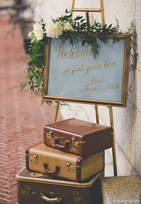 Vintage-inspired suitcase welcome sign decor  #weddings #vintageweddings #weddingideas #weddinginspiration Vintage Suitcase Wedding, Boston Public Library Wedding, Vintage Wedding Signs, Library Wedding, Old Suitcases, Travel Theme Wedding, West Wedding, Vintage Suitcase, Vintage Inspired Wedding