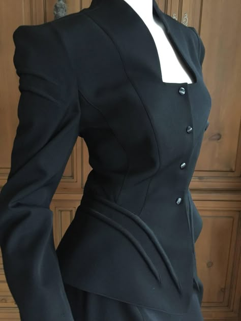 Thierry Mugler Vintage 80's Black Evening Suit Size 40 | From a collection of rare vintage suits, outfits and ensembles at https://www.1stdibs.com/fashion/clothing/suits-outfits-ensembles/ Suit Aesthetic Woman, Vintage Mugler, High Fashion Suit, Mugler Suit, Thierry Mugler Suit, Gothic Fitted Long Sleeve Blazer, Black Historical Fitted Outerwear, Victorian Black Outerwear With Buttons, Fitted Black Victorian Outerwear