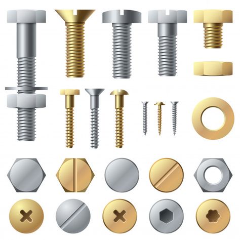 Bolts and screws set Premium Vector | Premium Vector #Freepik #vector #building #construction #metal #silver Vector Building, Screws And Bolts, Nuts And Bolts, Vector Illustrations, Technical Drawing, Premium Vector, Metal Working, Washer, Screw