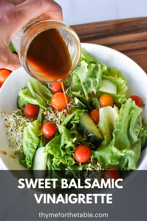 Elevate your salads with this Sweet Balsamic Vinaigrette recipe! This homemade balsamic vinaigrette boasts the perfect blend of sweet and tangy flavors. Drizzle it on your favorite greens, Caprese salads, or use it as a marinade. A touch of honey adds that extra sweetness you'll love in a honey balsamic vinaigrette. Try the best sweet balsamic dressing for a taste sensation that's sure to impress! #SweetBalsamicVinaigrette #HomemadeDressing #SaladDressingRecipe Balsamic Vinegrette Recipes, Taylor Farms Basil Balsamic Vinaigrette Recipe, Light Balsamic Vinaigrette, Lemon Balsamic Vinaigrette, Sweet Balsamic Dressing, Sweet Salad Dressing Recipes, Sweet Vinaigrette Dressing, Champagne Vinaigrette Dressing, Balsamic Vinegar Salad