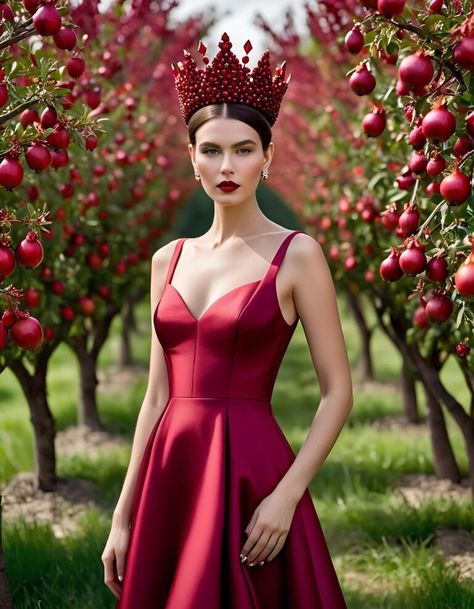 Pomegranate Princess: Juicy Couture Meets Royal Glamour Textured Gown, Fruit Dress, Elegant Food, Green Gown, Satin Gown, Urban Chic, Casual Summer Dresses, Fashion Lover, Pomegranate