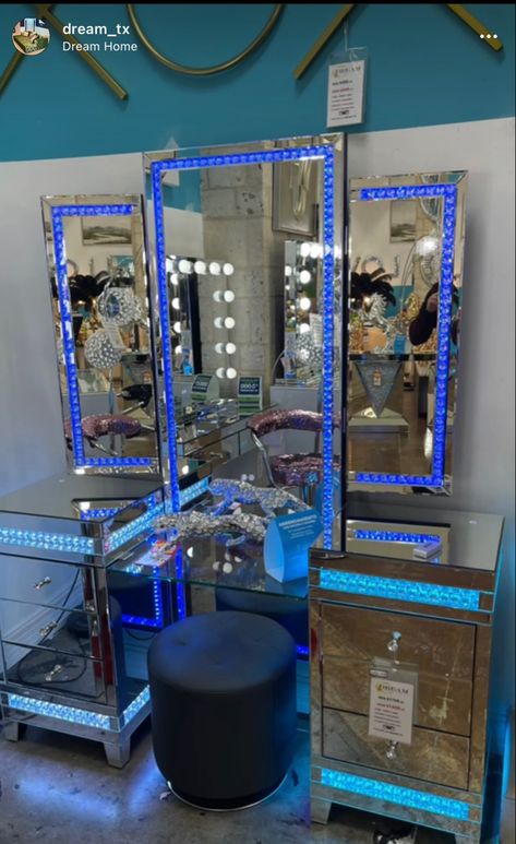 Glitter Vanity, Blue Glitter Wallpaper, Girl Apartment Decor, Neon Room, Beauty Room Decor, Bedroom Items, Glam Room, Future Apartment Decor, House Furniture Design